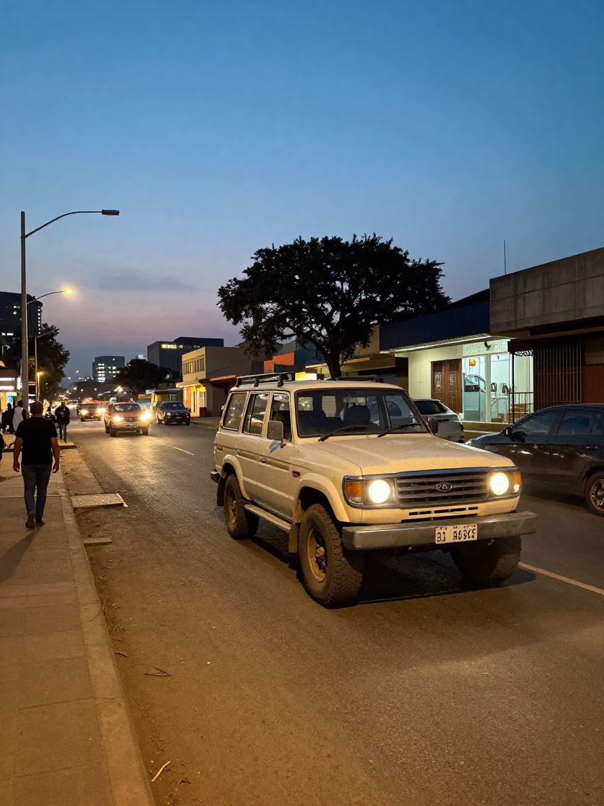 Johannesburg Dusk Street Scene with Vintage SUV and Local Interaction in in Johannesburg, South Africa