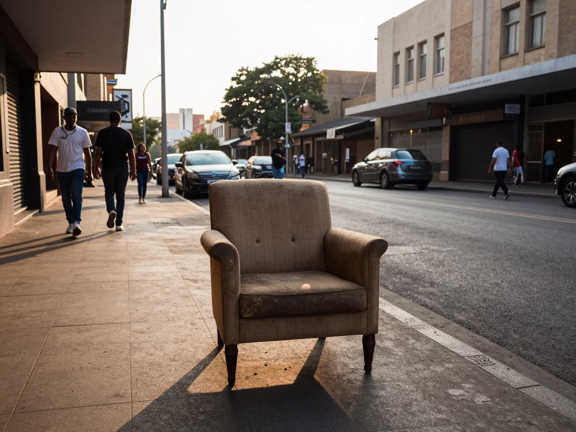 Johannesburg Early Afternoon Street Scene with Vintage Armchair on Sidewalk in in Johannesburg, South Africa