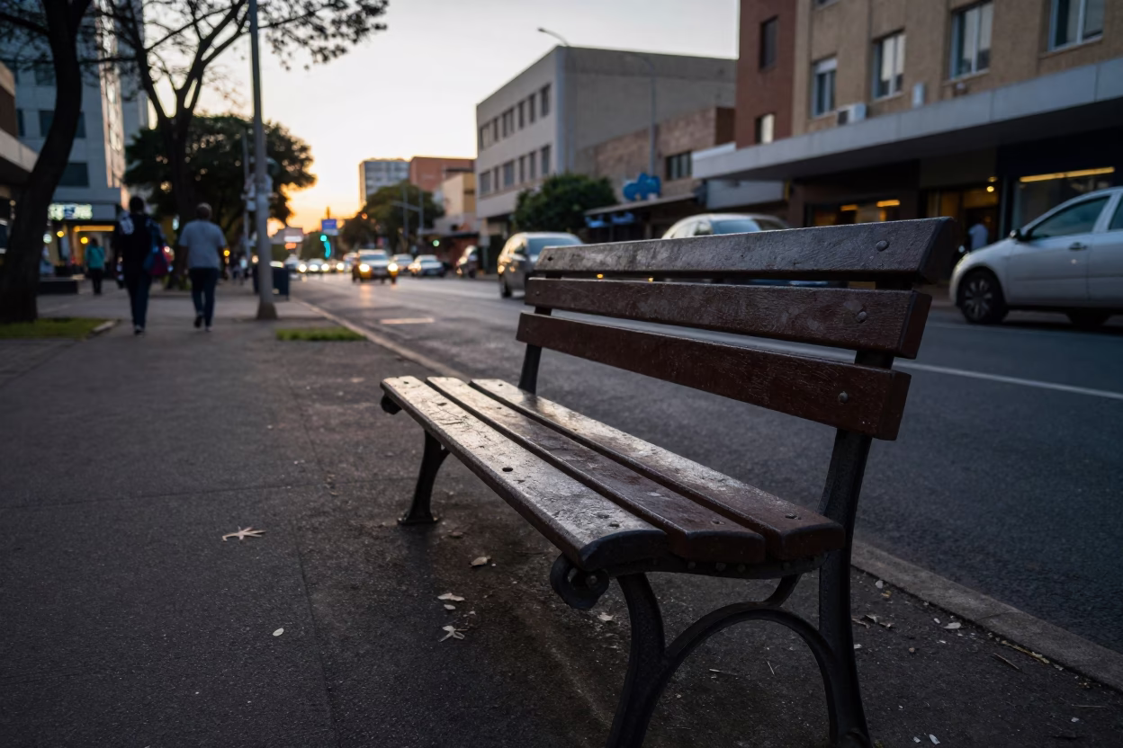 Johannesburg Early Evening Street Scene with Park Bench and Rusty Metal Details in in Johannesburg, South Africa