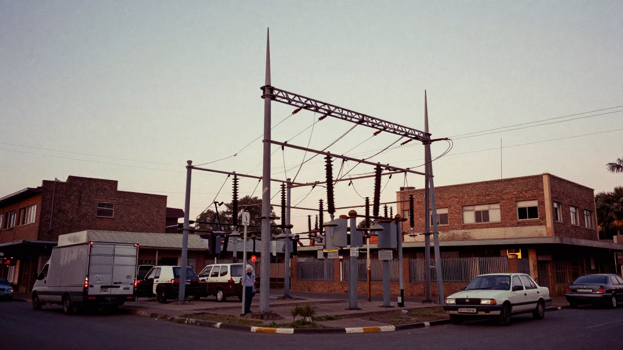 Johannesburg Early Evening Street Scene with Power Substation Lattice and Urban Life in in Johannesburg, South Africa