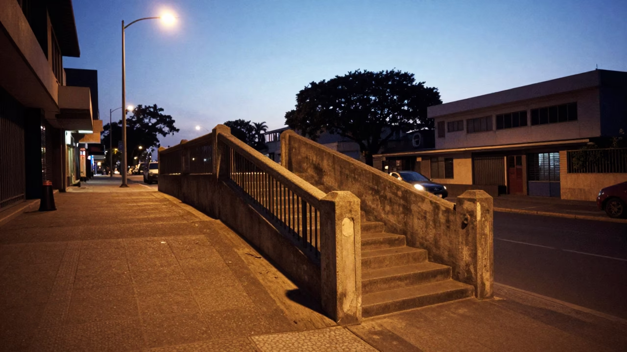 Johannesburg early evening street scene with stair rail and urban architecture in in Johannesburg, South Africa