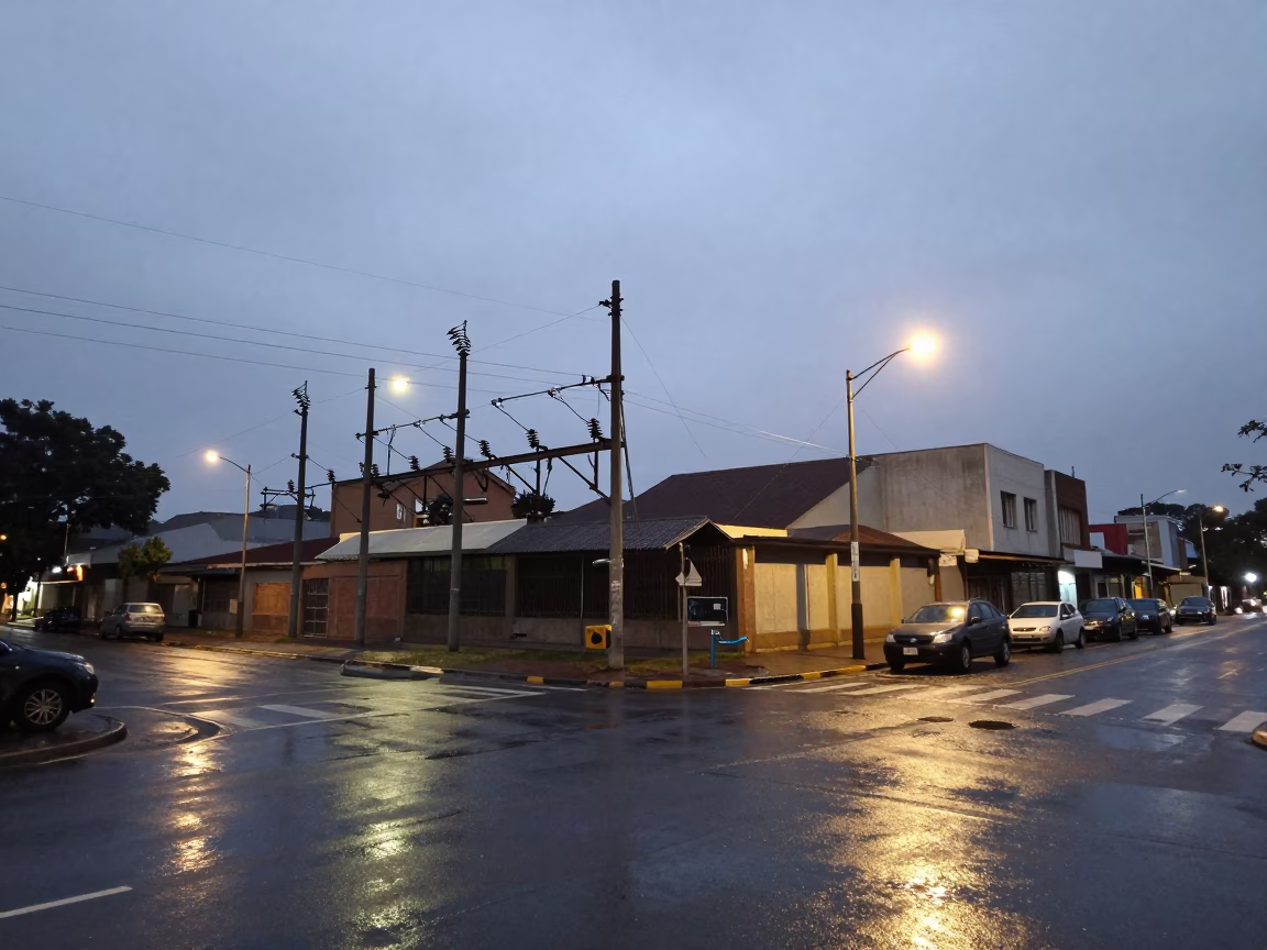 Johannesburg Early Evening Street Scene with Substation Insulators and Rain in in Johannesburg, South Africa