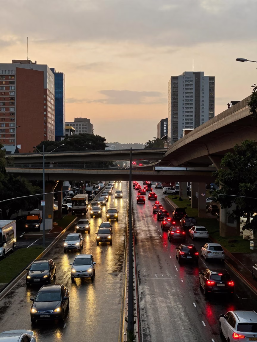 Johannesburg Evening Overpass Interchange with Glowing Taillights After Rain and Wooden Stool in in Johannesburg, South Africa
