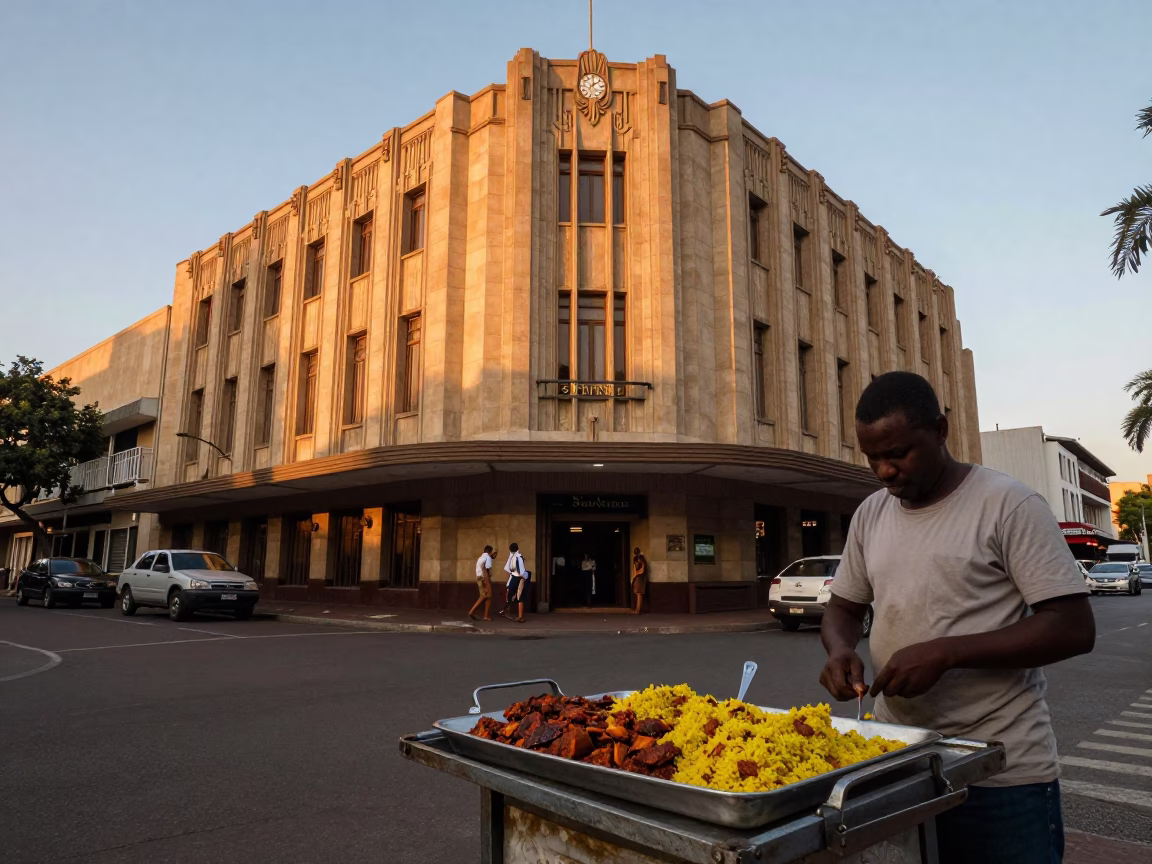 Johannesburg Evening Street Scene with Art Deco Facade and Local Dining Details in in Johannesburg, South Africa