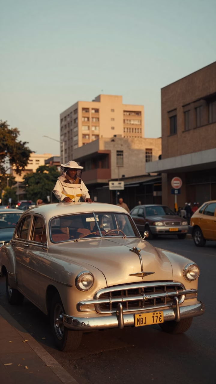 Johannesburg Evening Street Scene with Beekeeper and Urban Architecture in in Johannesburg, South Africa