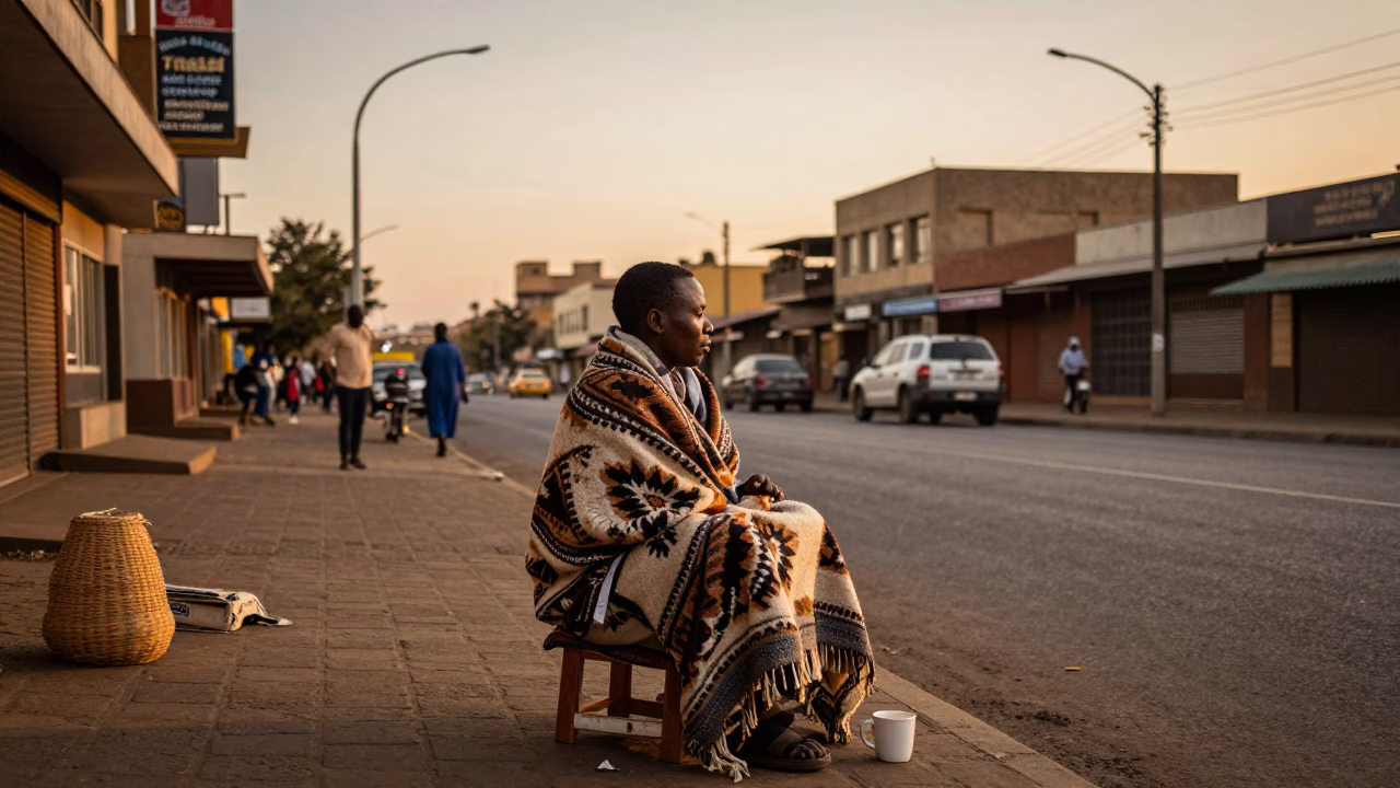 Johannesburg Evening Street Scene with Blanket and Coffee Cupper in Honeyed Light in in Johannesburg, South Africa