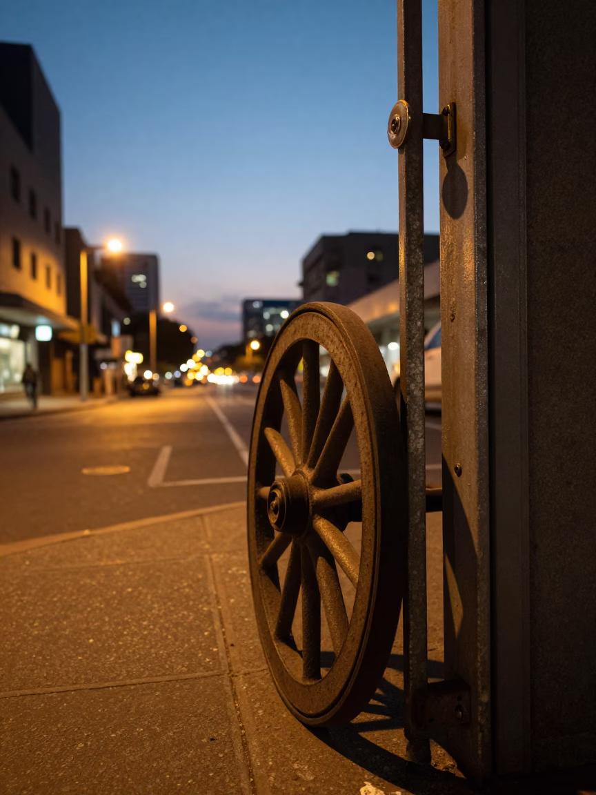 Johannesburg Evening Street Scene with Caster Wheel and Doorknob Details in in Johannesburg, South Africa