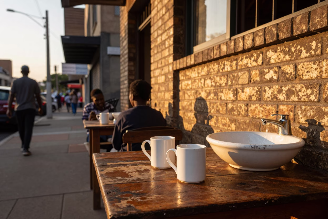 Johannesburg Evening Street Scene with Ceramic Mugs and Porcelain Sink Detail in in Johannesburg, South Africa