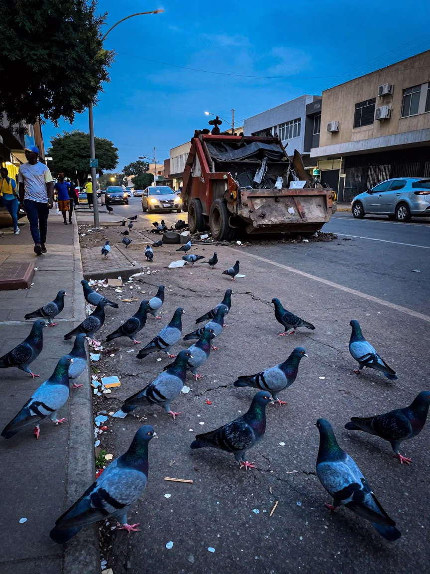 Johannesburg Evening Street Scene with Pigeons and Demolition Dumpster Under Blue Light in in Johannesburg, South Africa