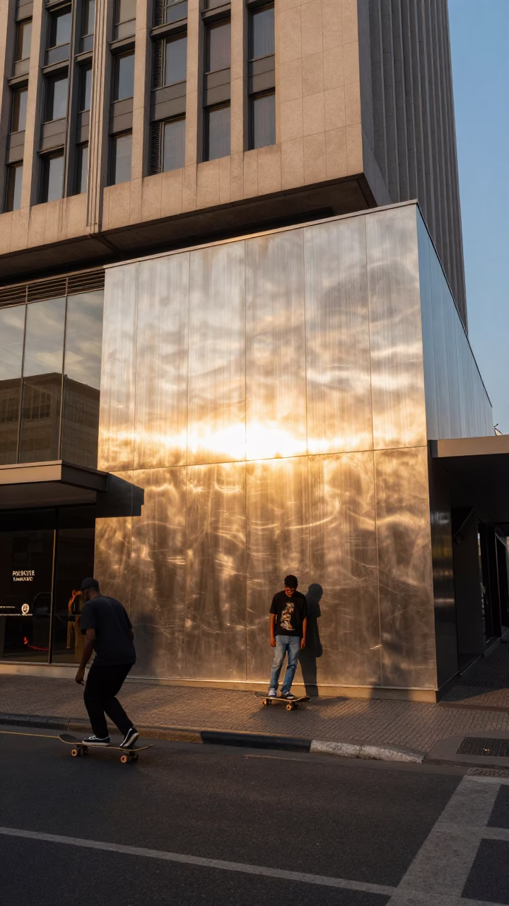 Johannesburg Evening Street Scene with Skateboarder and Brushed Steel Architecture in in Johannesburg, South Africa