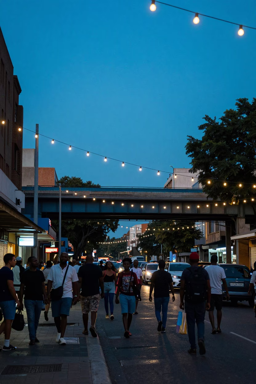 Johannesburg Evening Street Scene with String Lights and Overpass Interchange Ramp in in Johannesburg, South Africa