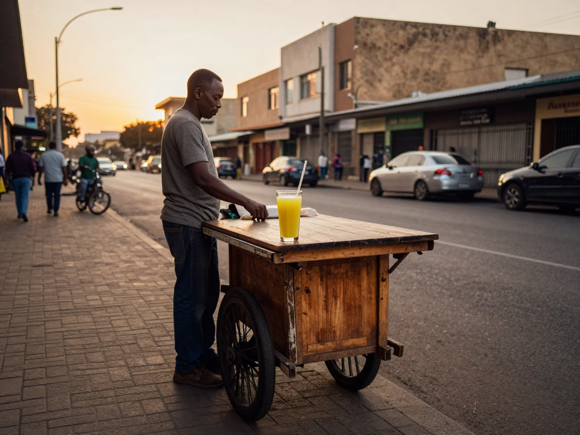 Johannesburg Evening Street Scene with Sugarcane Juice Vendor in Honeyed Light in in Johannesburg, South Africa