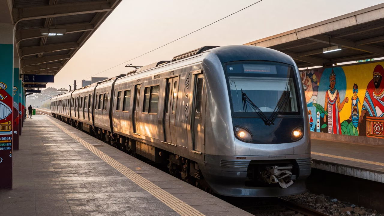Johannesburg Gautrain Metro Train Arriving at Art-Adorned Station Just After Sunrise in in Johannesburg, South Africa