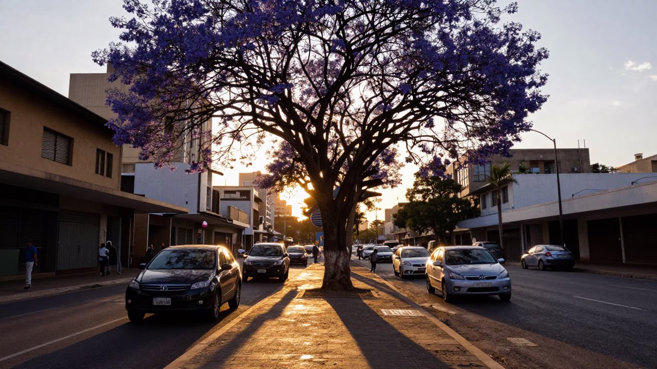 Johannesburg Golden Hour Street Scene with Jacaranda Bloom and Urban Life in in Johannesburg, South Africa