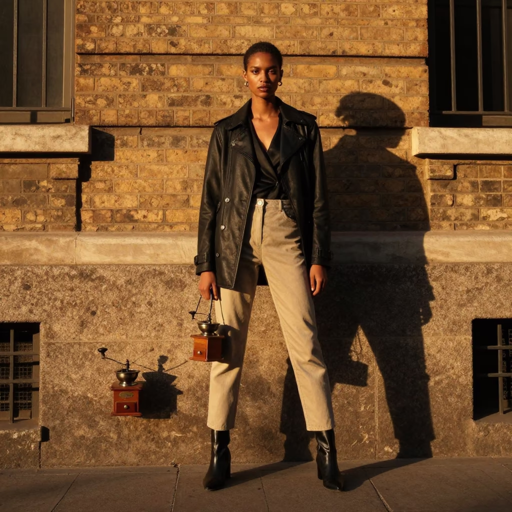 Johannesburg High Fashion Portrait at Golden Hour with Vintage Coffee Grinder and Clay Pot in in Johannesburg, South Africa