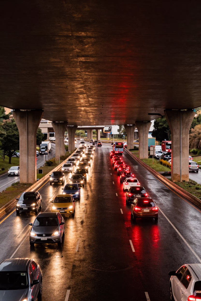 Johannesburg Highway Overpass Interchange Glowing with Taillights After Rain Before Dusk in in Johannesburg, South Africa