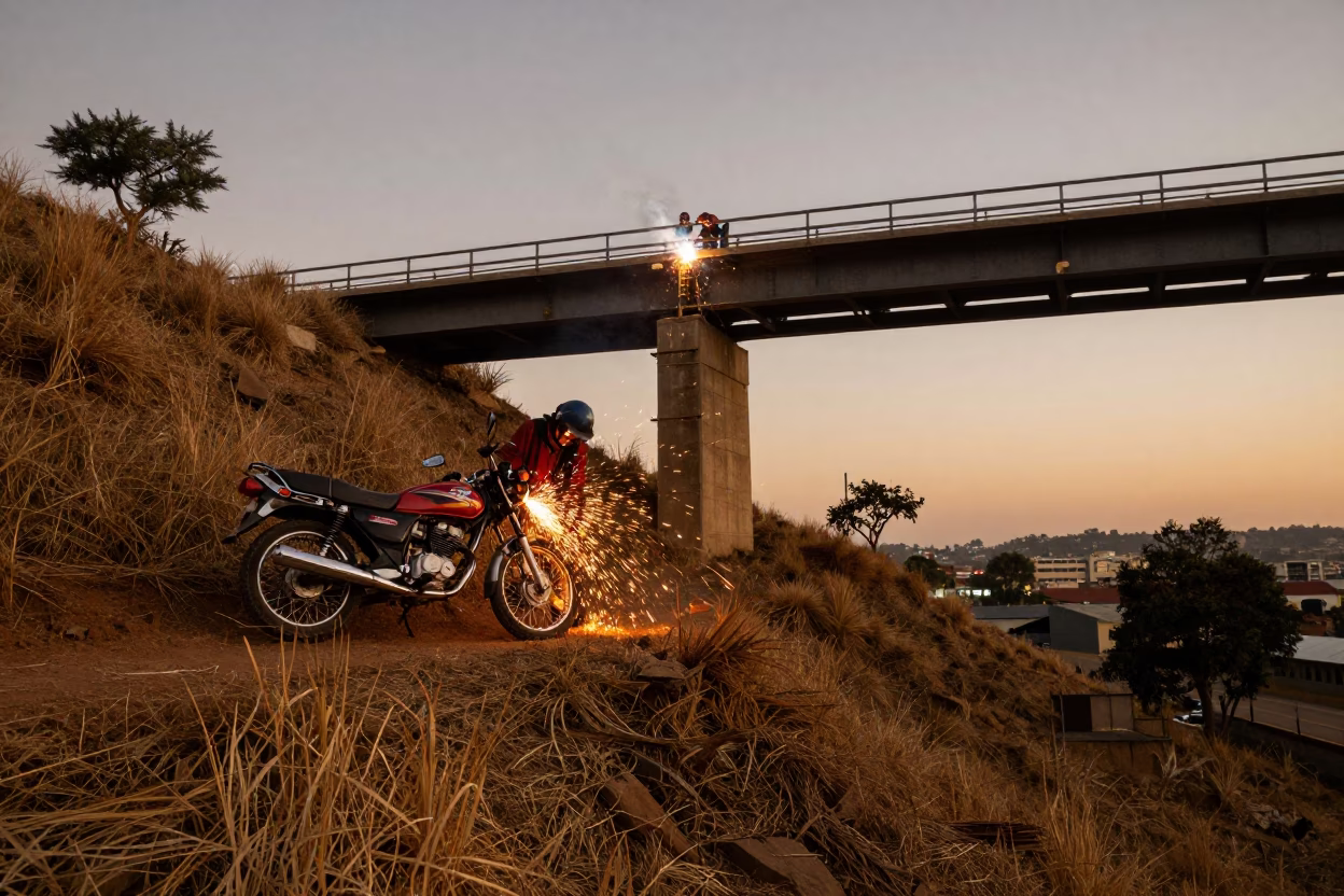 Johannesburg Hillside Evening Scene with Welding Sparks and Motorcycle Near Cliffside Restaurant in in Johannesburg, South Africa