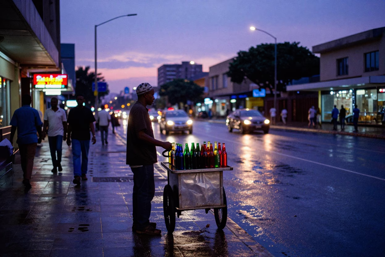Johannesburg Indigo Twilight Street Scene with Colored Glass Bottle and Dumplings in in Johannesburg, South Africa