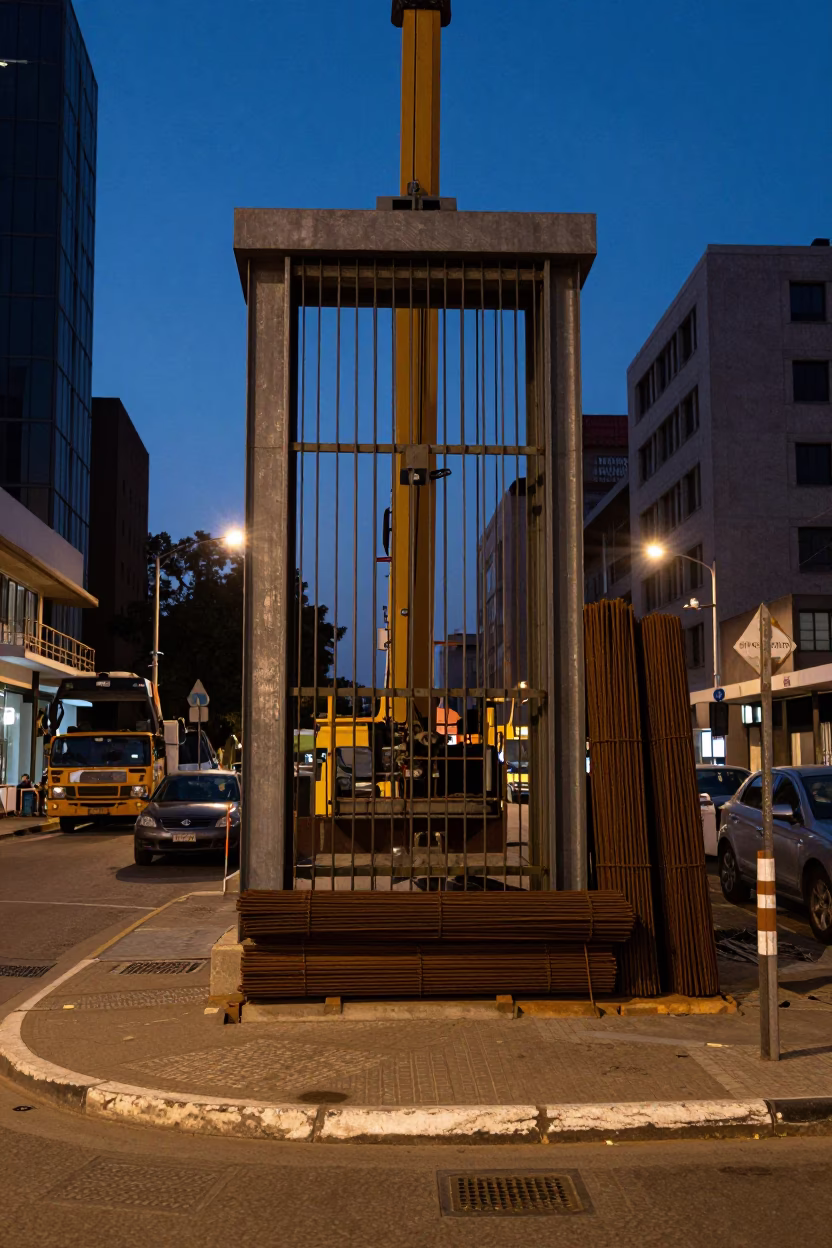 Johannesburg indigo twilight street scene with construction elevator and rebar bundles in in Johannesburg, South Africa