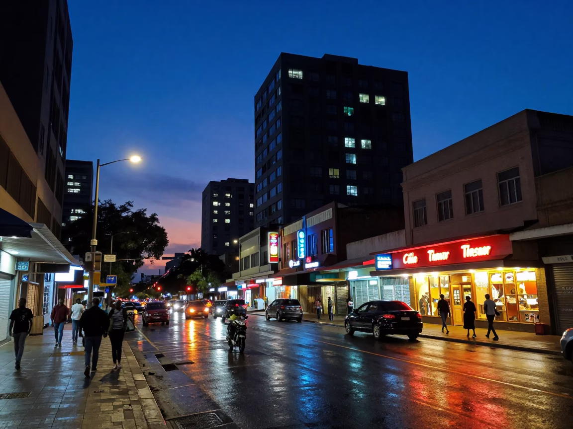 Johannesburg indigo twilight street scene with glowing shop windows and parked cars in in Johannesburg, South Africa