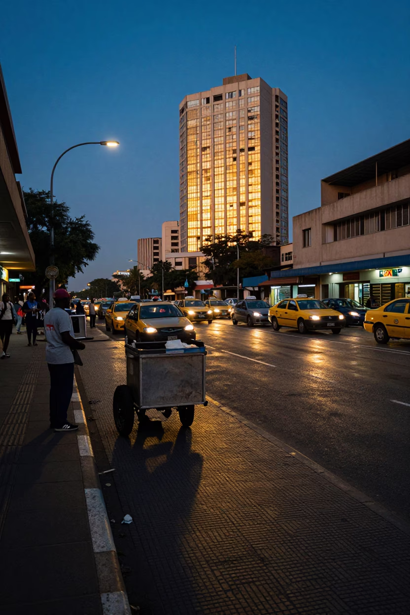 Johannesburg Indigo Twilight Street Scene with Gold Bar Reflections in in Johannesburg, South Africa