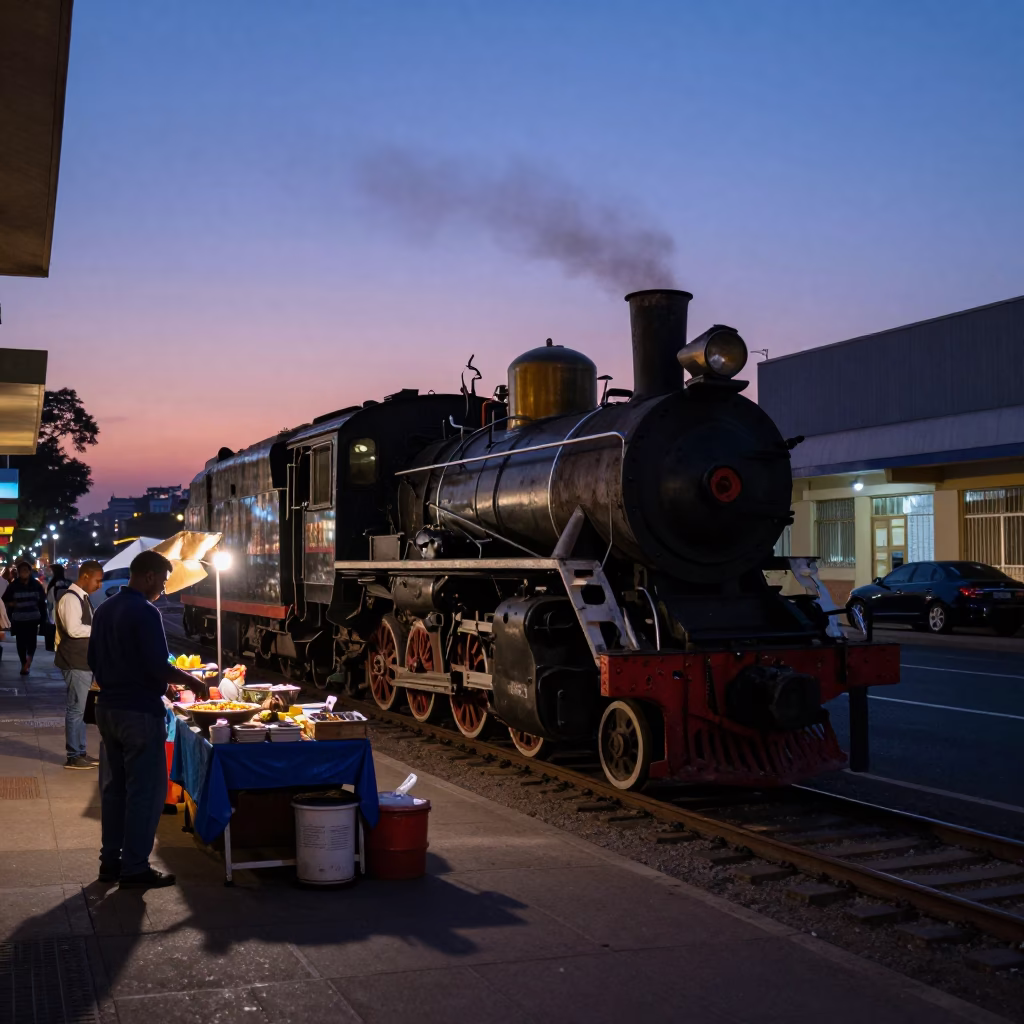 Johannesburg indigo twilight street scene with heritage steam locomotive and local commerce in in Johannesburg, South Africa