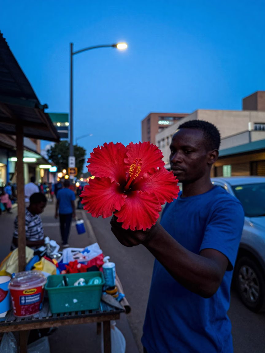 Johannesburg indigo twilight street scene with hibiscus flower and step ladder in in Johannesburg, South Africa