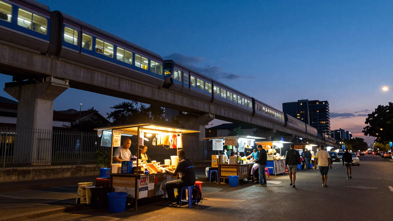 Johannesburg indigo twilight street scene with monorail and local dining in in Johannesburg, South Africa
