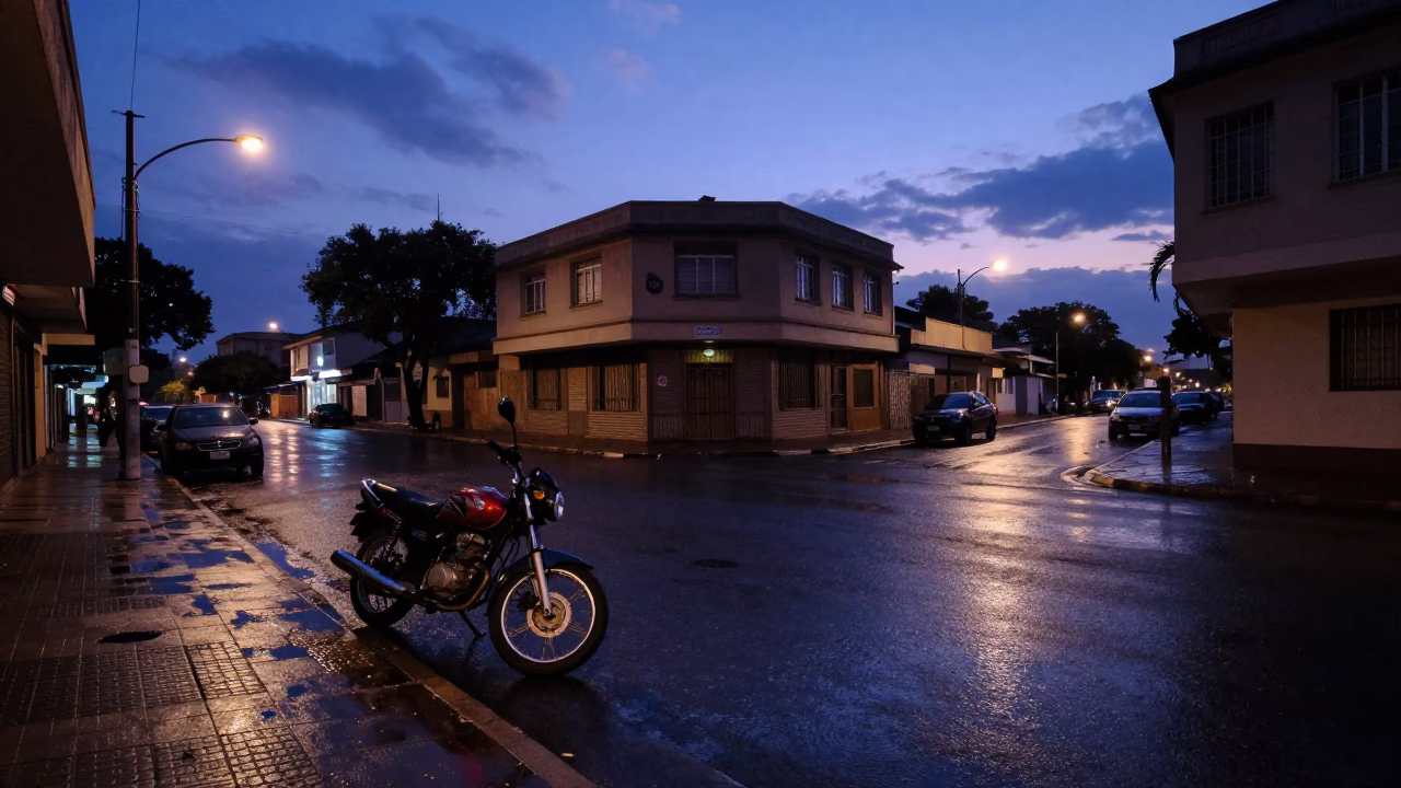 Johannesburg indigo twilight street scene with parked motorcycle and local traffic in in Johannesburg, South Africa