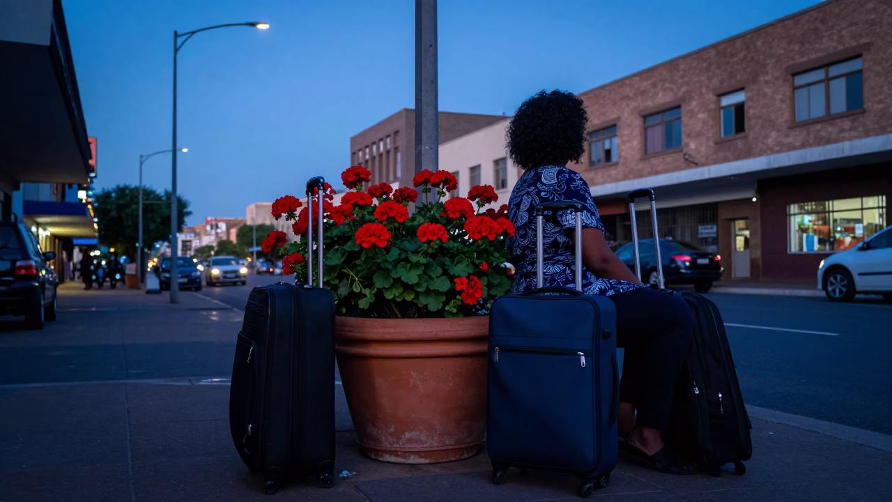 Johannesburg Indigo Twilight Street Scene with Suitcases and Geraniums in in Johannesburg, South Africa