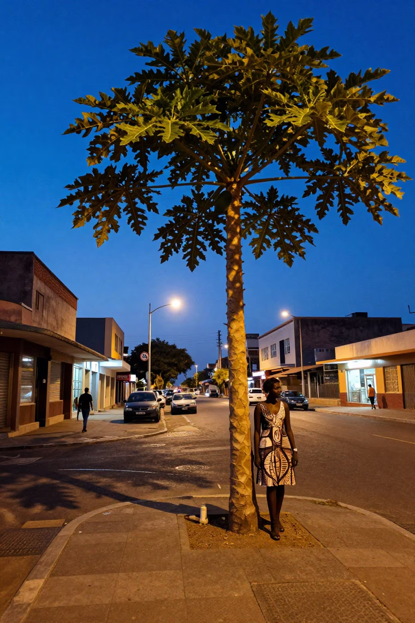 Johannesburg indigo twilight street scene with vibrant 1970s aesthetic and local life in in Johannesburg, South Africa