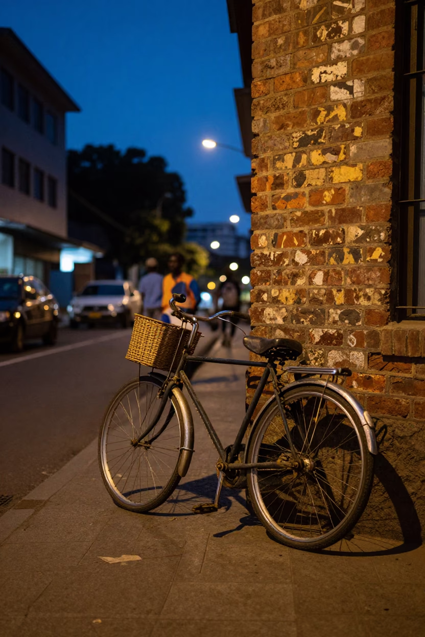Johannesburg indigo twilight street scene with vintage bicycle and colorful local storefronts in in Johannesburg, South Africa