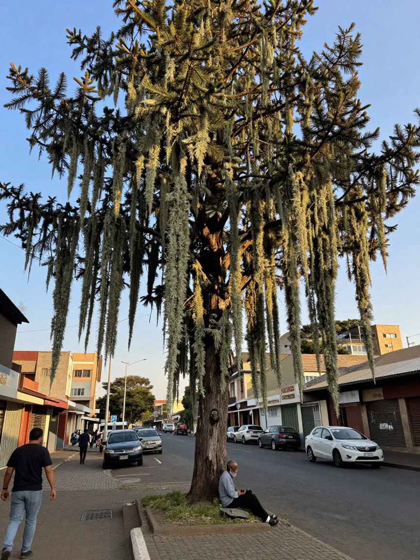 Johannesburg Late Afternoon Street Scene with Old Man Beard Lichen on Conifer Branches in in Johannesburg, South Africa