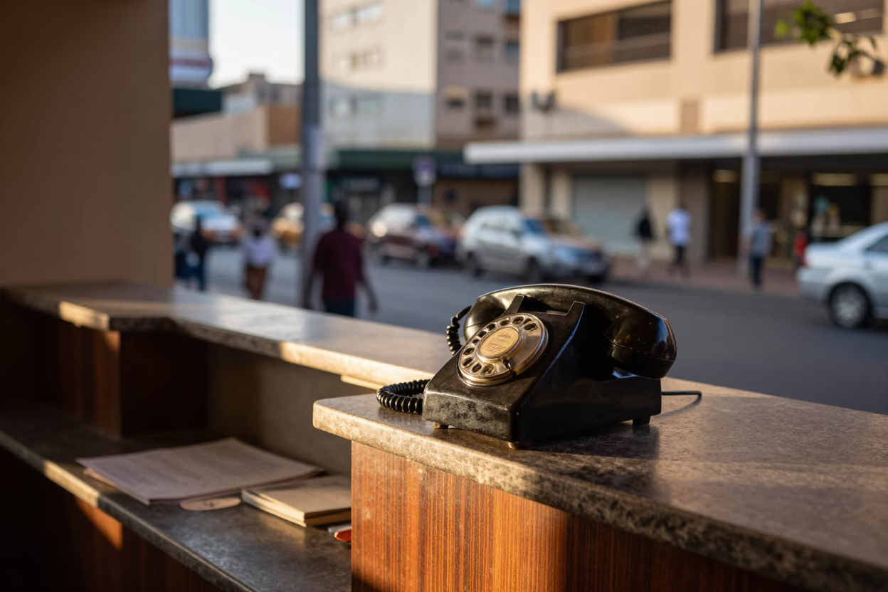 Johannesburg Late Afternoon Street Scene with Vintage Bakelite Telephone and Canisters in in Johannesburg, South Africa