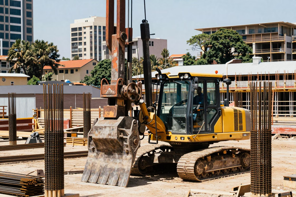 Johannesburg Midday Construction Site with Pile Driver and Urban Skyline in in Johannesburg, South Africa