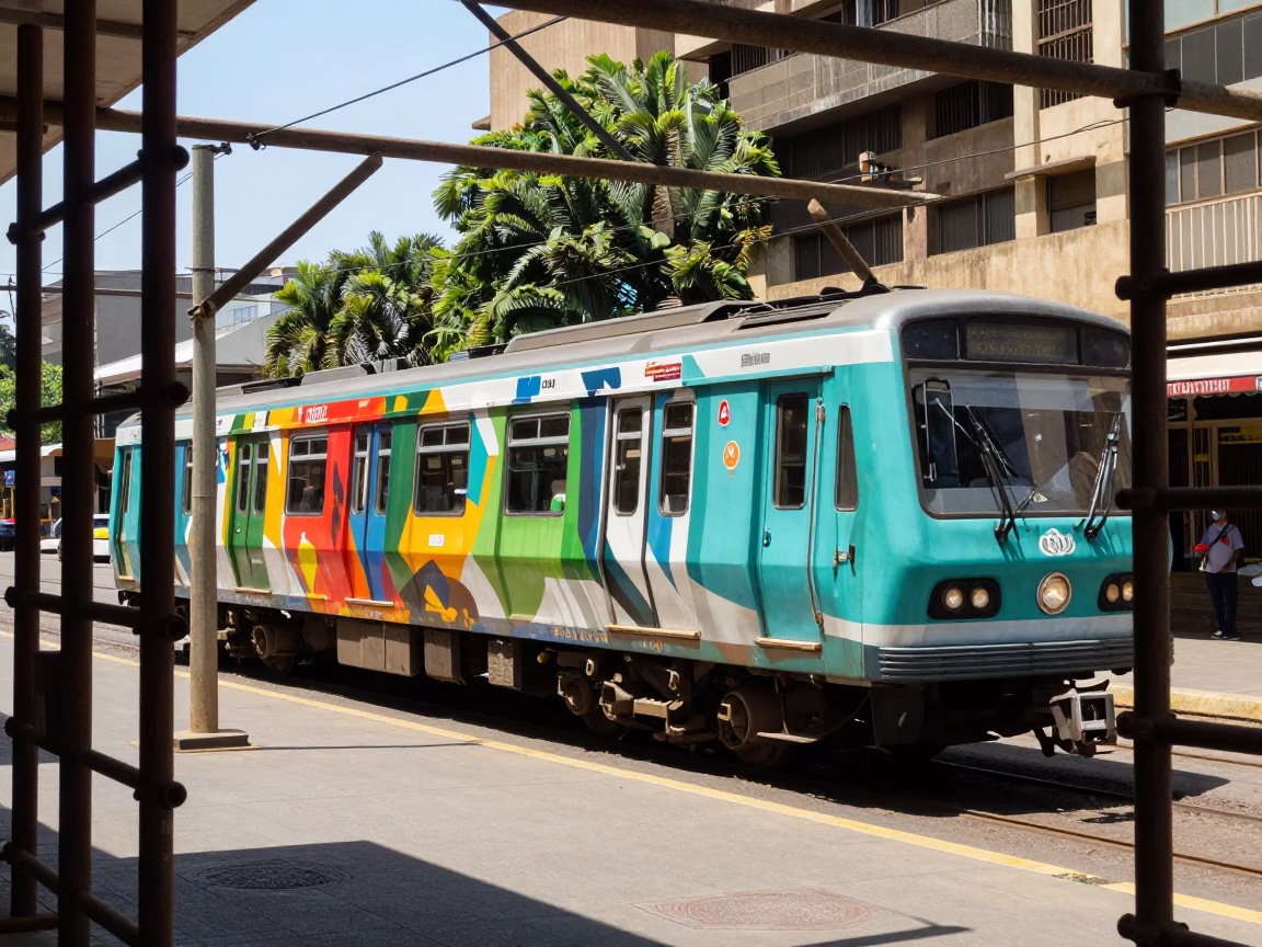Johannesburg Midday Street Scene with Art-Adorned Metro Train and Urban Scaffolding in in Johannesburg, South Africa