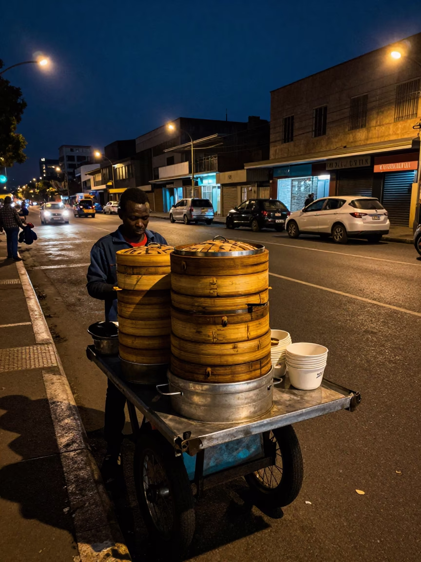 Johannesburg Midnight Street Scene with Peg Rails and Dim Sum Steamers in in Johannesburg, South Africa