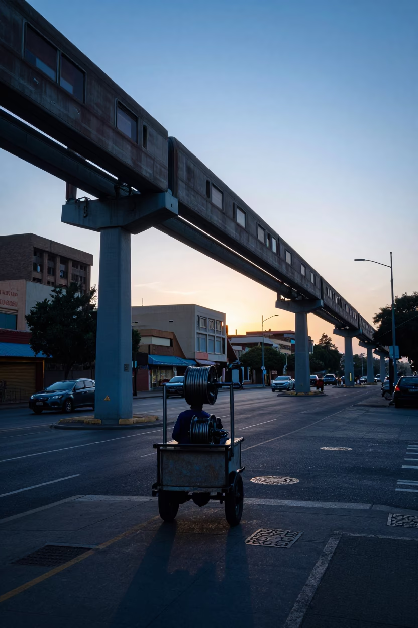 Johannesburg Monorail Overhead at Dawn with Street Level Details in in Johannesburg, South Africa