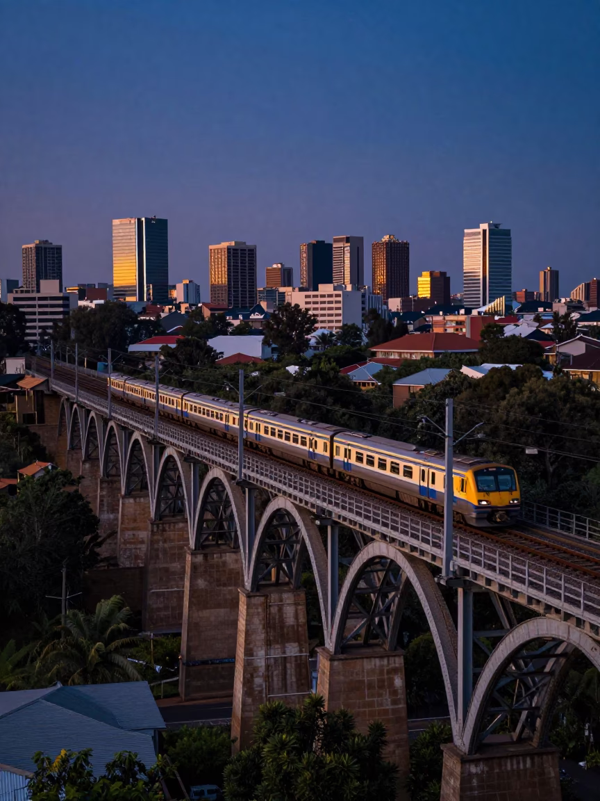 Johannesburg Nautical Dawn Railway Viaduct Train Passes Over Urban Rooftops in in Johannesburg, South Africa