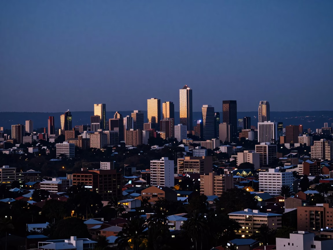 Johannesburg Nautical Dawn Skyline and District Heating Infrastructure in in Johannesburg, South Africa