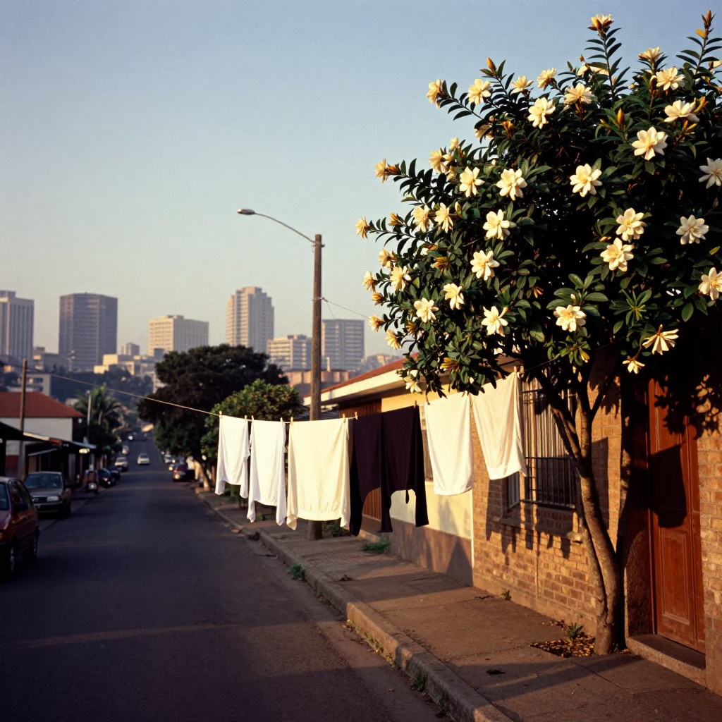 Johannesburg Nautical Dawn Street Scene with Clothesline and Gardenia Bush in in Johannesburg, South Africa