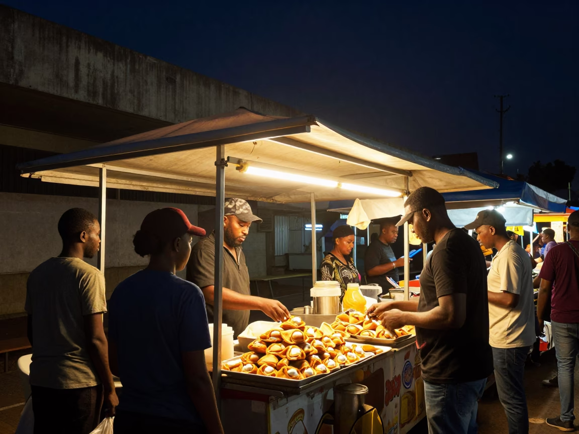 Johannesburg Night Market Stall Under Deep Sky with Concrete Viaduct and Local Street Food in in Johannesburg, South Africa