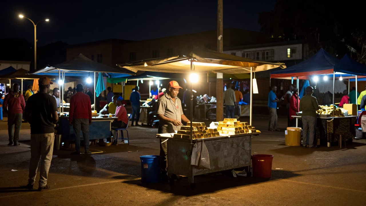 Johannesburg Night Market Stalls Illuminated by Sodium Lights with Gold Bullion Display in in Johannesburg, South Africa