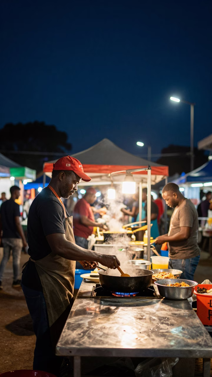Johannesburg Night Market Street Food Vendor Cooking Under Deep Sky in in Johannesburg, South Africa