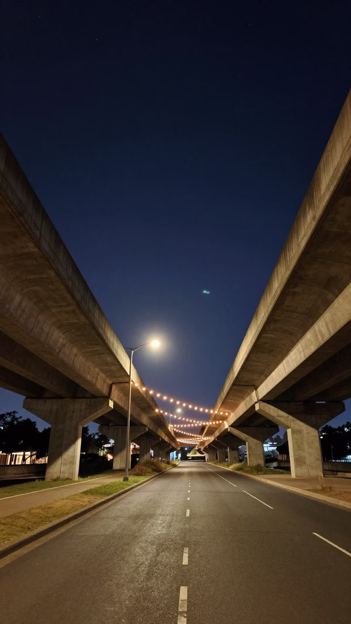 Johannesburg Night Sky Under Flyover with String Lights and Monorail Reflection in Glass Skyscraper in in Johannesburg, South Africa