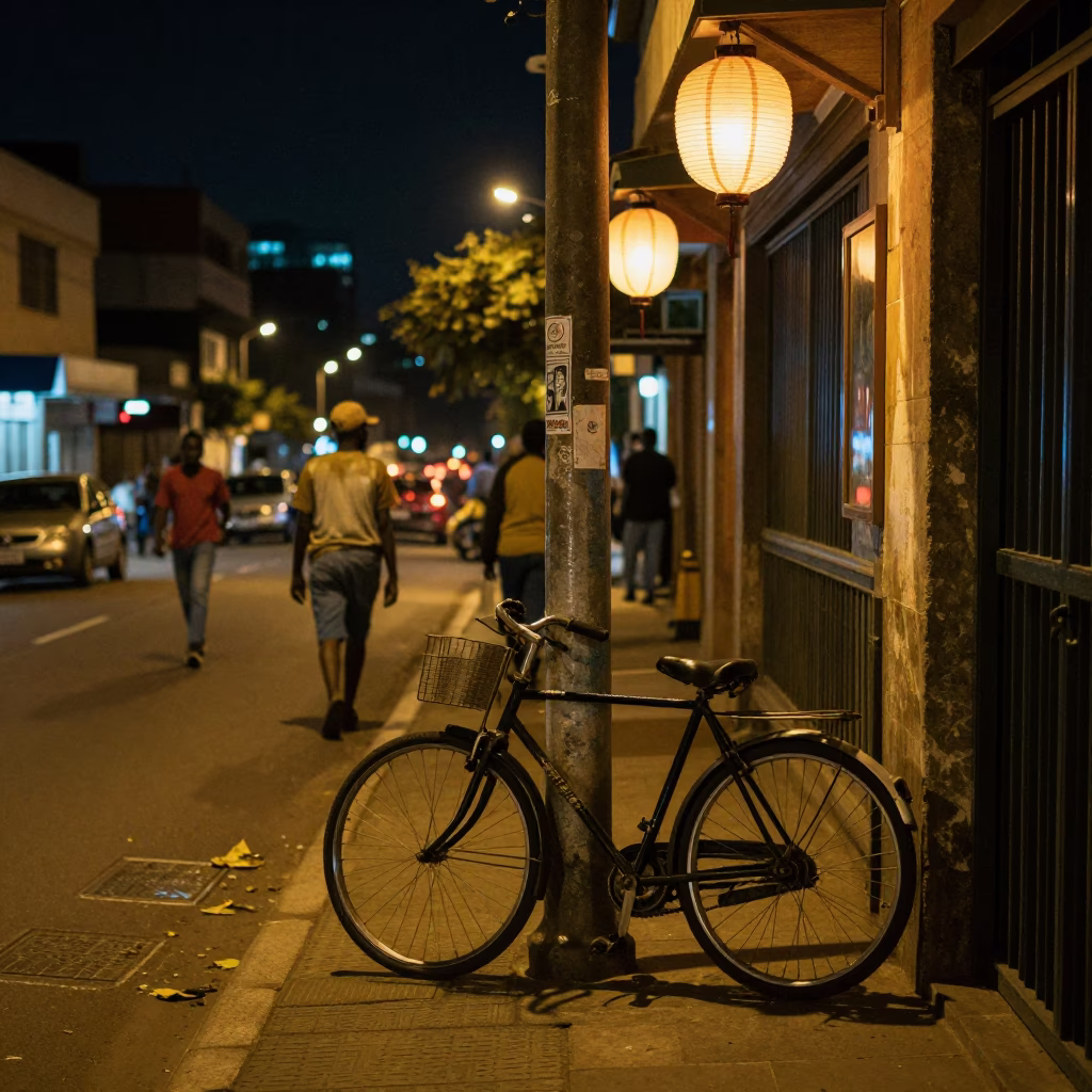 Johannesburg Night Street Scene with Bicycle and Paper Lanterns in in Johannesburg, South Africa