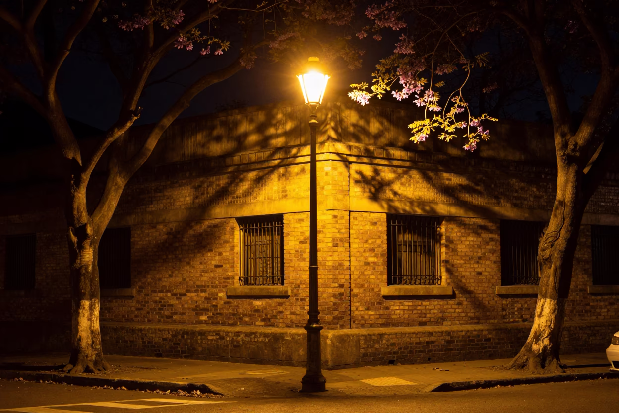 Johannesburg Night Street Scene with Brass Streetlamp and Brick Architecture in in Johannesburg, South Africa
