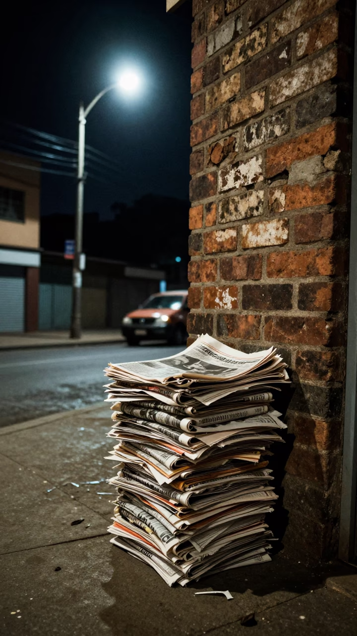 Johannesburg Night Street Scene With Newspaper Stack And Frayed Rope In 1980s South Africa in in Johannesburg, South Africa