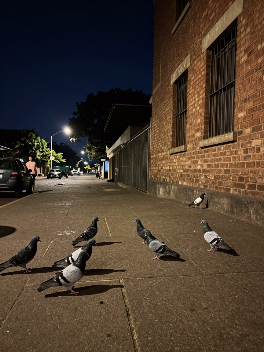 Johannesburg night street scene with pigeons under deep sky in in Johannesburg, South Africa