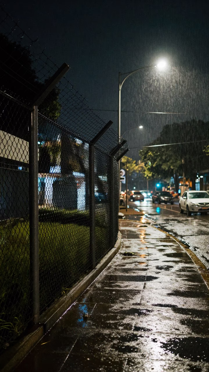 Johannesburg Night Street Scene with Substation Fence and Wet Pavement Reflections in in Johannesburg, South Africa
